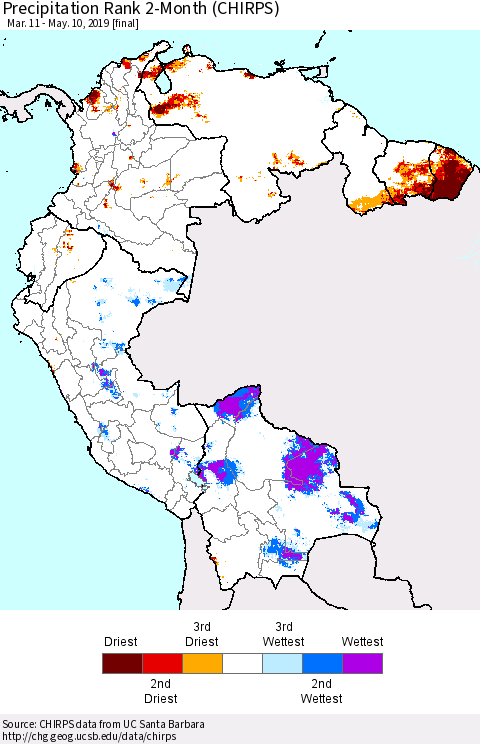 Northern South America Precipitation Rank since 1981, 2-Month (CHIRPS) Thematic Map For 3/11/2019 - 5/10/2019