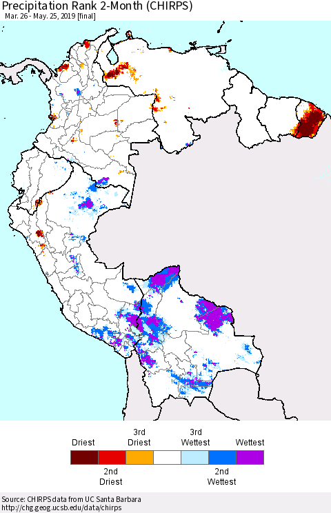 Northern South America Precipitation Rank since 1981, 2-Month (CHIRPS) Thematic Map For 3/26/2019 - 5/25/2019
