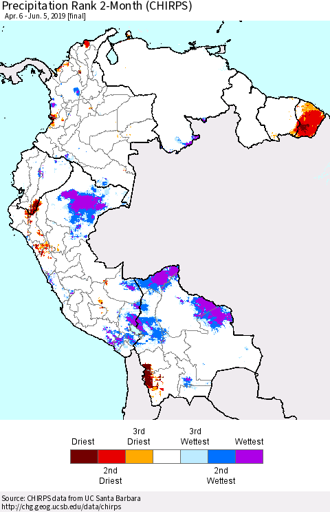 Northern South America Precipitation Rank since 1981, 2-Month (CHIRPS) Thematic Map For 4/6/2019 - 6/5/2019