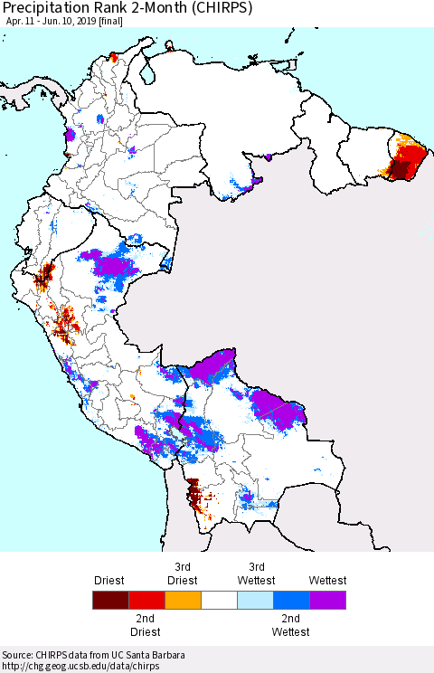 Northern South America Precipitation Rank since 1981, 2-Month (CHIRPS) Thematic Map For 4/11/2019 - 6/10/2019