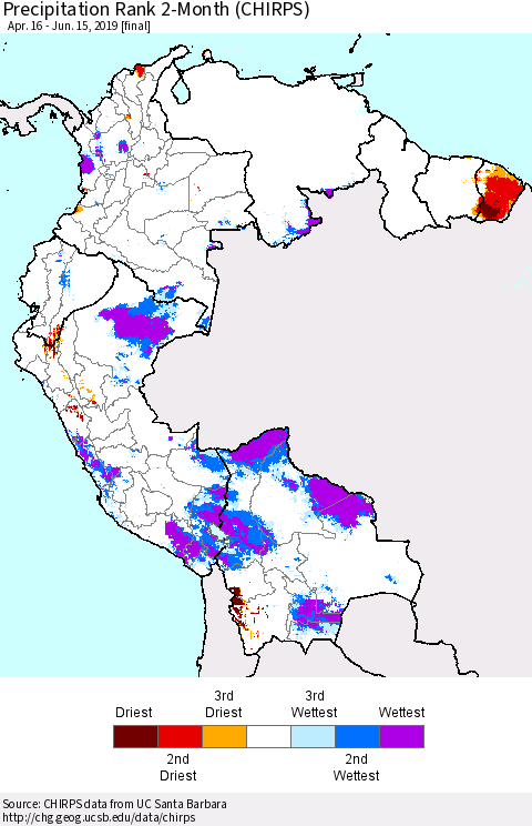Northern South America Precipitation Rank since 1981, 2-Month (CHIRPS) Thematic Map For 4/16/2019 - 6/15/2019