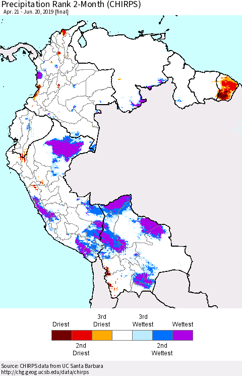 Northern South America Precipitation Rank since 1981, 2-Month (CHIRPS) Thematic Map For 4/21/2019 - 6/20/2019