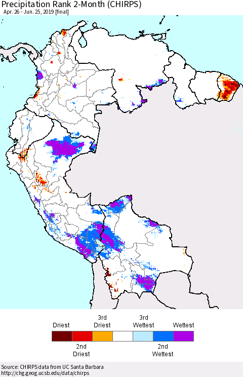 Northern South America Precipitation Rank since 1981, 2-Month (CHIRPS) Thematic Map For 4/26/2019 - 6/25/2019