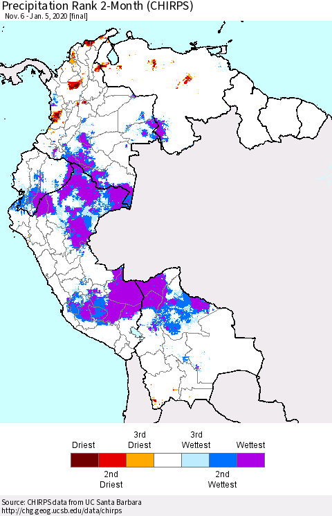 Northern South America Precipitation Rank 2-Month (CHIRPS) Thematic Map For 11/6/2019 - 1/5/2020
