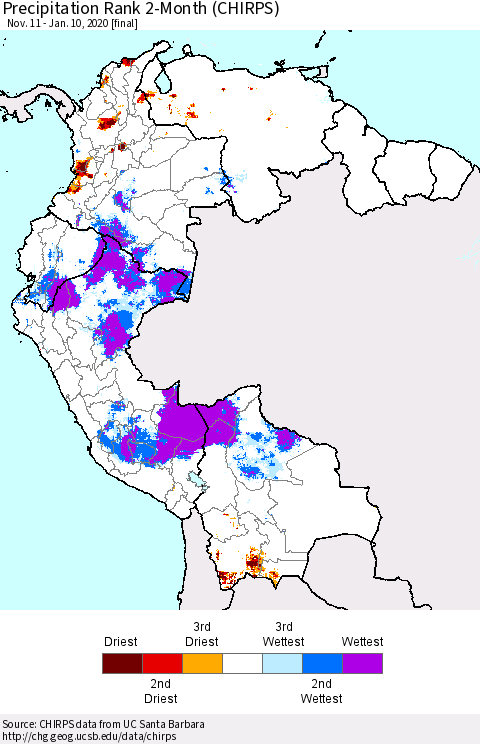 Northern South America Precipitation Rank 2-Month (CHIRPS) Thematic Map For 11/11/2019 - 1/10/2020