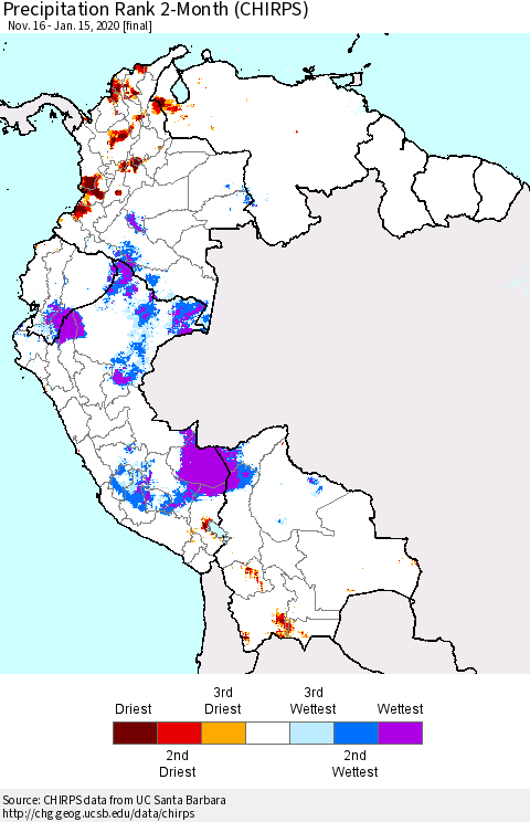 Northern South America Precipitation Rank 2-Month (CHIRPS) Thematic Map For 11/16/2019 - 1/15/2020