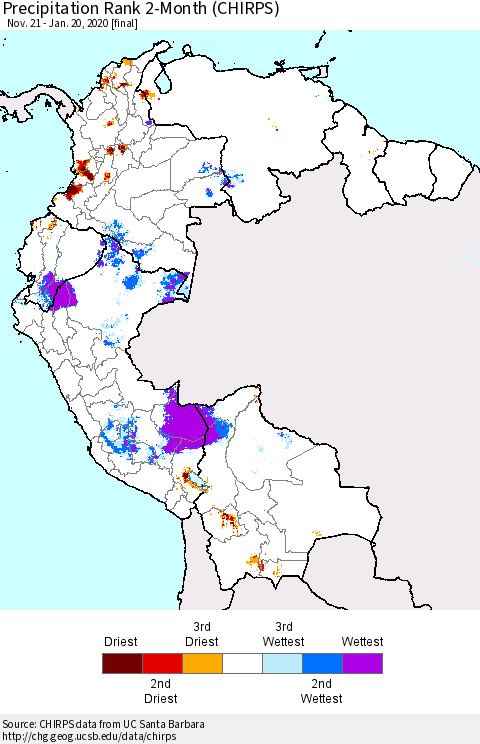Northern South America Precipitation Rank since 1981, 2-Month (CHIRPS) Thematic Map For 11/21/2019 - 1/20/2020