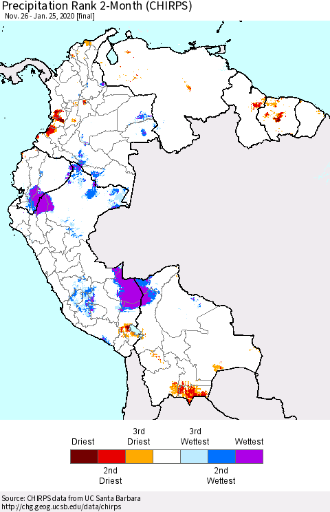 Northern South America Precipitation Rank 2-Month (CHIRPS) Thematic Map For 11/26/2019 - 1/25/2020