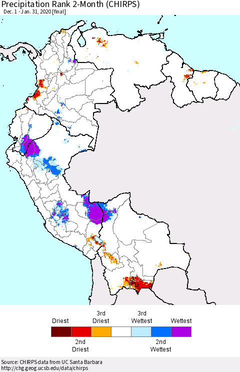 Northern South America Precipitation Rank 2-Month (CHIRPS) Thematic Map For 12/1/2019 - 1/31/2020
