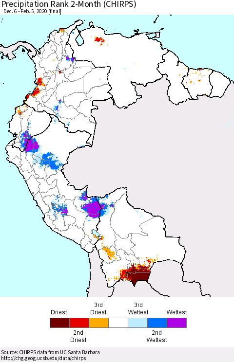 Northern South America Precipitation Rank 2-Month (CHIRPS) Thematic Map For 12/6/2019 - 2/5/2020