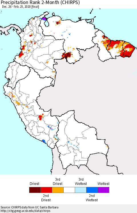 Northern South America Precipitation Rank 2-Month (CHIRPS) Thematic Map For 12/26/2019 - 2/25/2020