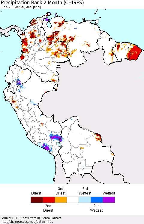 Northern South America Precipitation Rank 2-Month (CHIRPS) Thematic Map For 1/21/2020 - 3/20/2020
