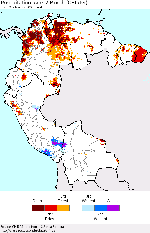 Northern South America Precipitation Rank 2-Month (CHIRPS) Thematic Map For 1/26/2020 - 3/25/2020