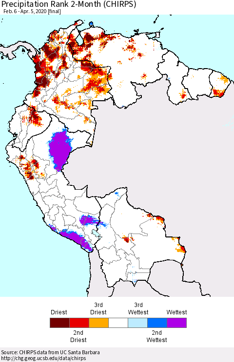 Northern South America Precipitation Rank 2-Month (CHIRPS) Thematic Map For 2/6/2020 - 4/5/2020