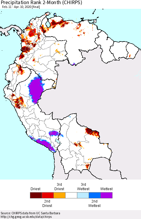 Northern South America Precipitation Rank 2-Month (CHIRPS) Thematic Map For 2/11/2020 - 4/10/2020