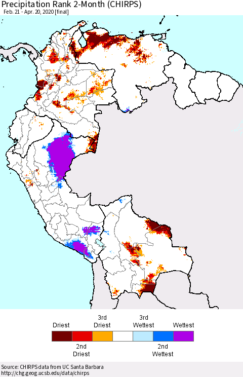 Northern South America Precipitation Rank 2-Month (CHIRPS) Thematic Map For 2/21/2020 - 4/20/2020