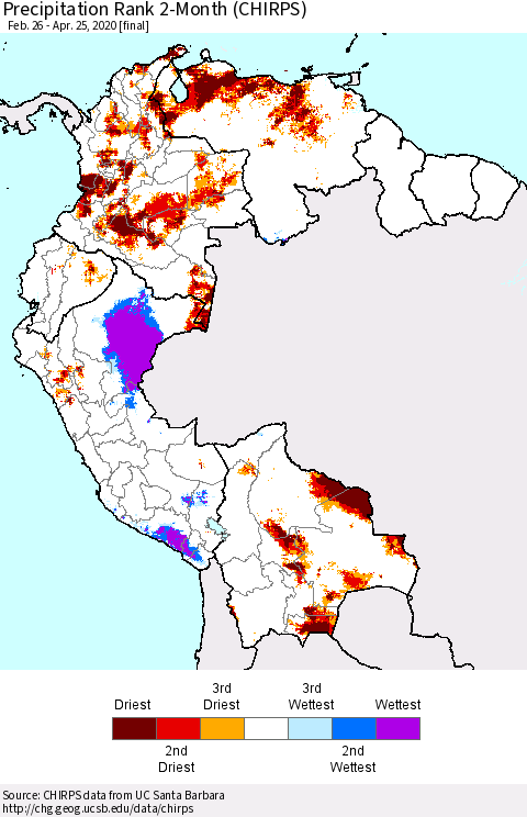 Northern South America Precipitation Rank 2-Month (CHIRPS) Thematic Map For 2/26/2020 - 4/25/2020