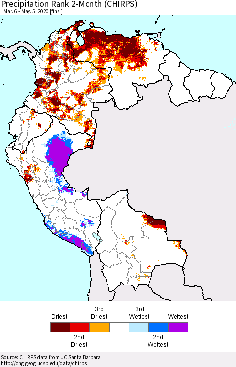 Northern South America Precipitation Rank since 1981, 2-Month (CHIRPS) Thematic Map For 3/6/2020 - 5/5/2020