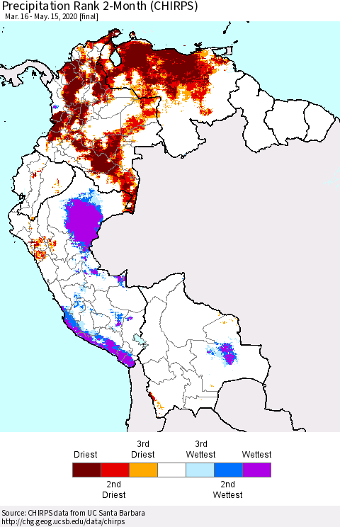 Northern South America Precipitation Rank 2-Month (CHIRPS) Thematic Map For 3/16/2020 - 5/15/2020