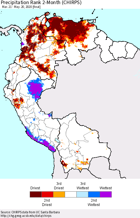Northern South America Precipitation Rank 2-Month (CHIRPS) Thematic Map For 3/21/2020 - 5/20/2020