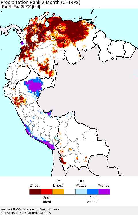 Northern South America Precipitation Rank since 1981, 2-Month (CHIRPS) Thematic Map For 3/26/2020 - 5/25/2020