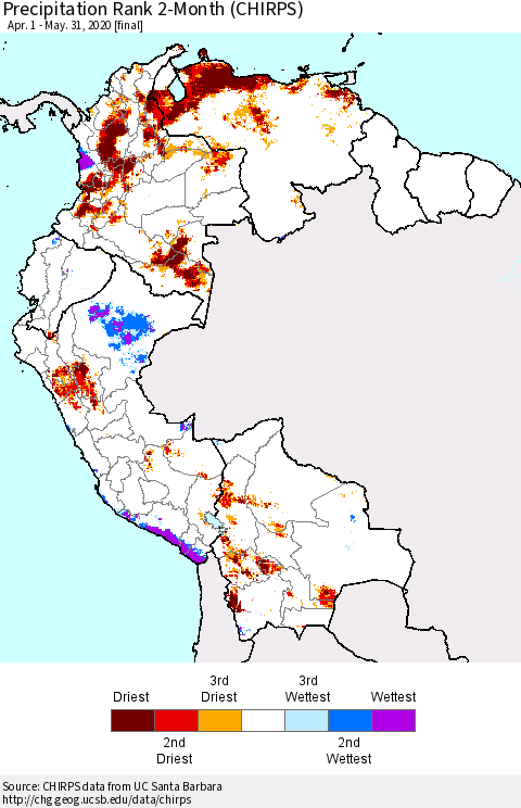 Northern South America Precipitation Rank 2-Month (CHIRPS) Thematic Map For 4/1/2020 - 5/31/2020