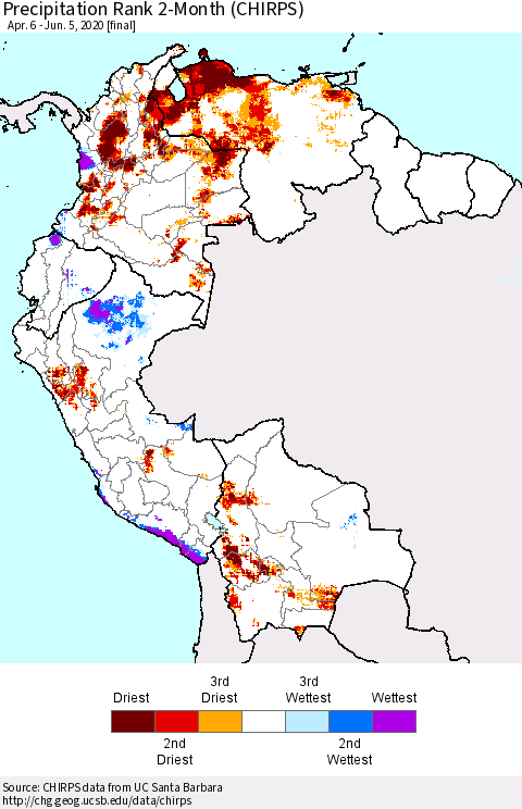 Northern South America Precipitation Rank 2-Month (CHIRPS) Thematic Map For 4/6/2020 - 6/5/2020