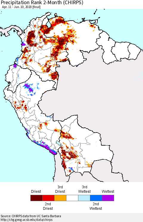 Northern South America Precipitation Rank 2-Month (CHIRPS) Thematic Map For 4/11/2020 - 6/10/2020