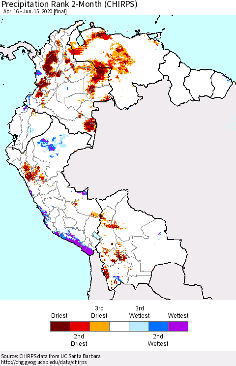 Northern South America Precipitation Rank 2-Month (CHIRPS) Thematic Map For 4/16/2020 - 6/15/2020