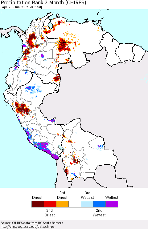 Northern South America Precipitation Rank since 1981, 2-Month (CHIRPS) Thematic Map For 4/21/2020 - 6/20/2020