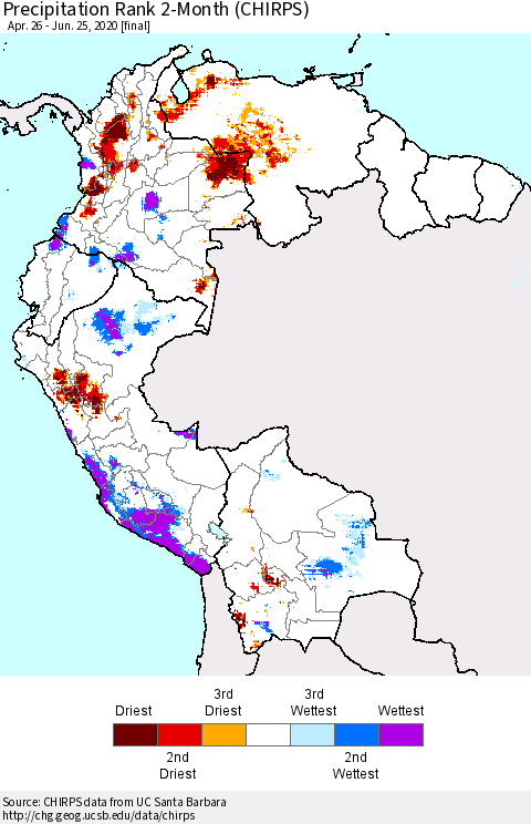 Northern South America Precipitation Rank 2-Month (CHIRPS) Thematic Map For 4/26/2020 - 6/25/2020
