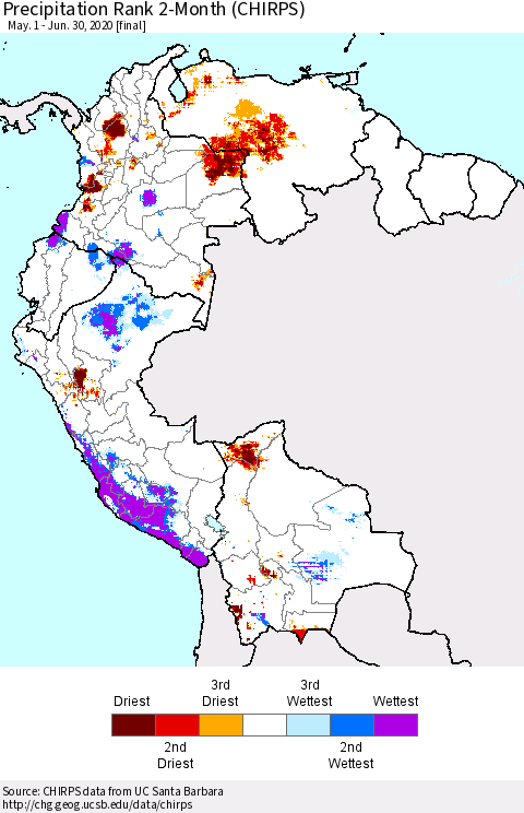 Northern South America Precipitation Rank 2-Month (CHIRPS) Thematic Map For 5/1/2020 - 6/30/2020