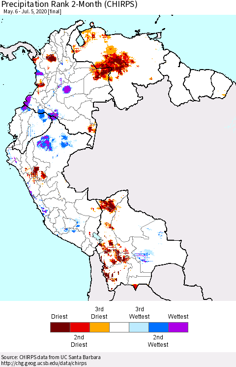 Northern South America Precipitation Rank 2-Month (CHIRPS) Thematic Map For 5/6/2020 - 7/5/2020