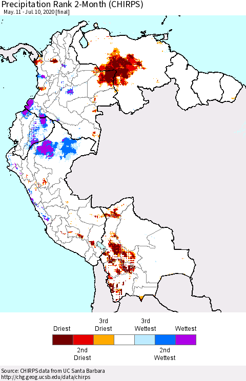 Northern South America Precipitation Rank since 1981, 2-Month (CHIRPS) Thematic Map For 5/11/2020 - 7/10/2020