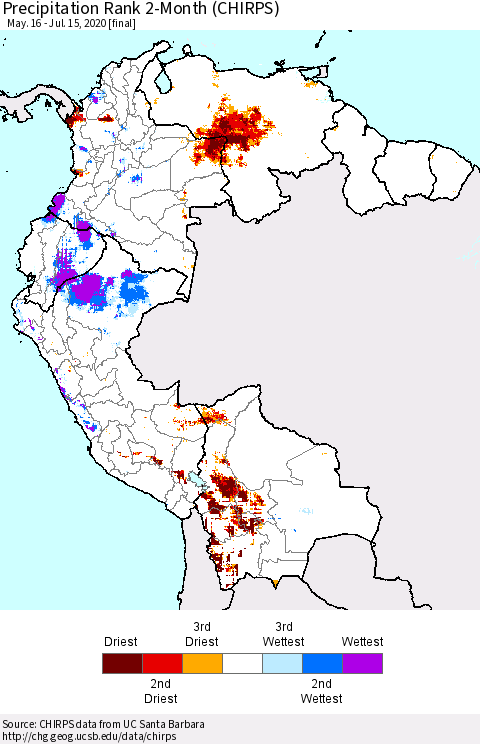 Northern South America Precipitation Rank 2-Month (CHIRPS) Thematic Map For 5/16/2020 - 7/15/2020