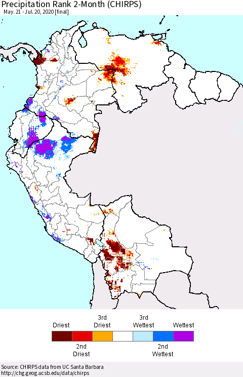 Northern South America Precipitation Rank 2-Month (CHIRPS) Thematic Map For 5/21/2020 - 7/20/2020