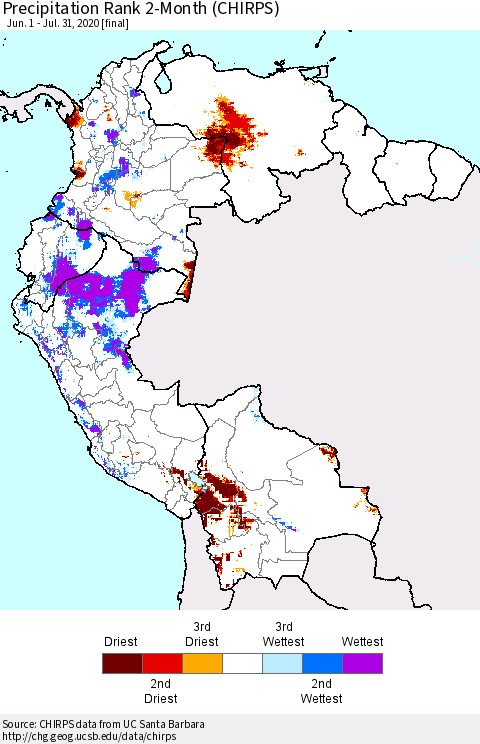 Northern South America Precipitation Rank since 1981, 2-Month (CHIRPS) Thematic Map For 6/1/2020 - 7/31/2020