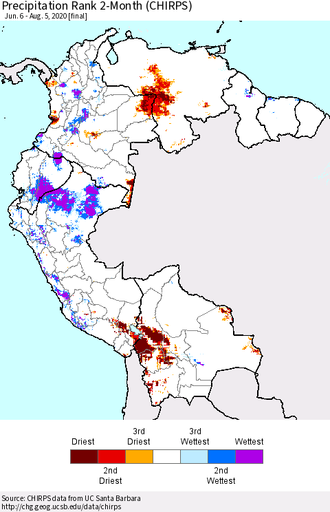 Northern South America Precipitation Rank 2-Month (CHIRPS) Thematic Map For 6/6/2020 - 8/5/2020