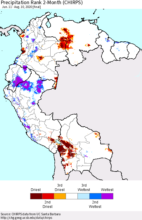 Northern South America Precipitation Rank 2-Month (CHIRPS) Thematic Map For 6/11/2020 - 8/10/2020