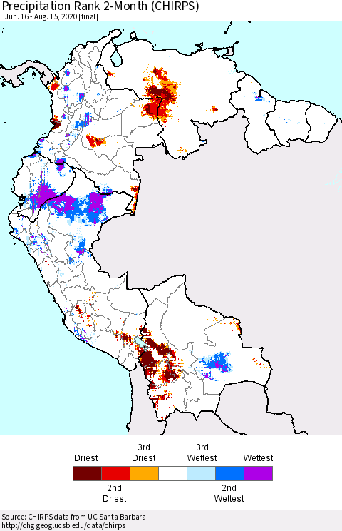 Northern South America Precipitation Rank 2-Month (CHIRPS) Thematic Map For 6/16/2020 - 8/15/2020