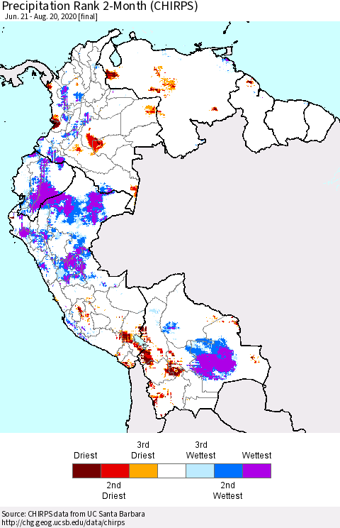 Northern South America Precipitation Rank 2-Month (CHIRPS) Thematic Map For 6/21/2020 - 8/20/2020