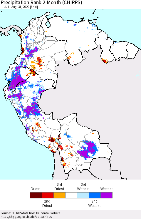 Northern South America Precipitation Rank 2-Month (CHIRPS) Thematic Map For 7/1/2020 - 8/31/2020