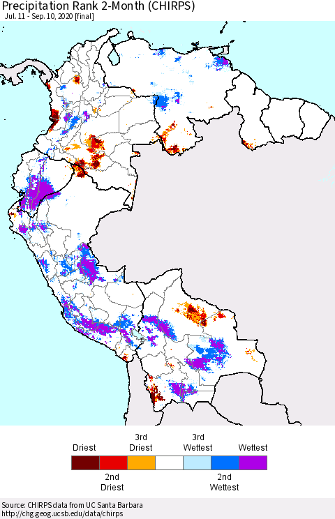 Northern South America Precipitation Rank 2-Month (CHIRPS) Thematic Map For 7/11/2020 - 9/10/2020