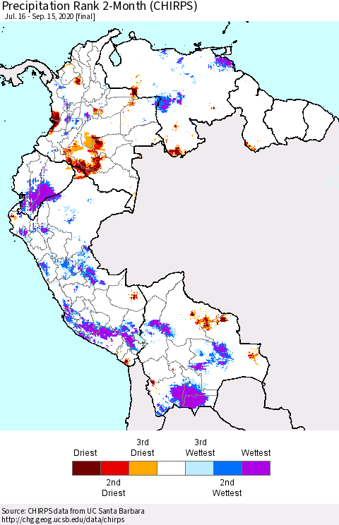 Northern South America Precipitation Rank 2-Month (CHIRPS) Thematic Map For 7/16/2020 - 9/15/2020