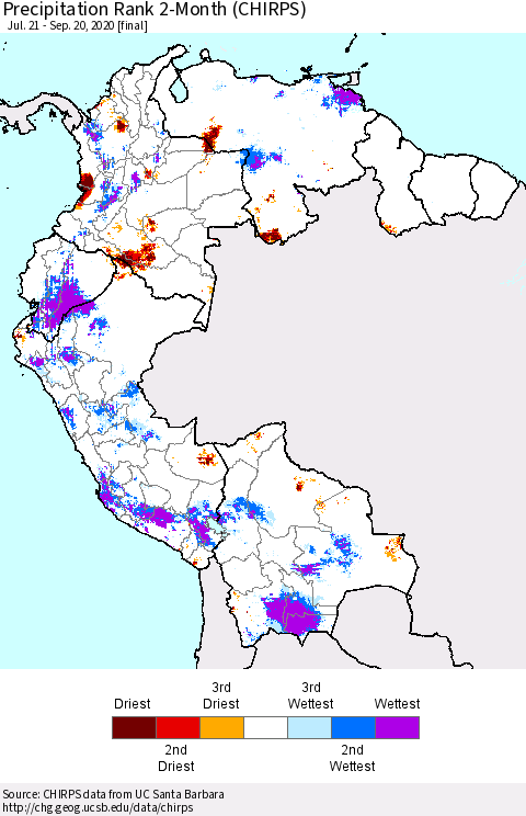 Northern South America Precipitation Rank since 1981, 2-Month (CHIRPS) Thematic Map For 7/21/2020 - 9/20/2020