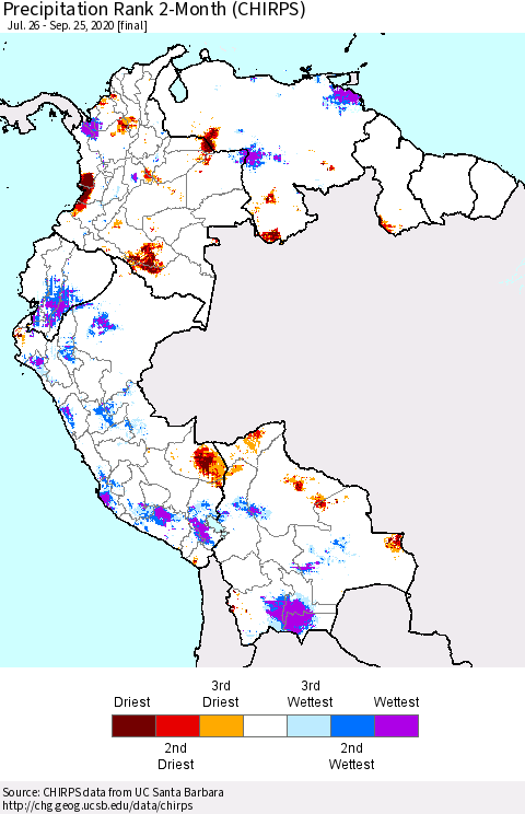 Northern South America Precipitation Rank 2-Month (CHIRPS) Thematic Map For 7/26/2020 - 9/25/2020