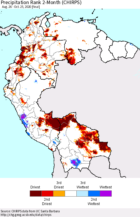 Northern South America Precipitation Rank 2-Month (CHIRPS) Thematic Map For 8/26/2020 - 10/25/2020
