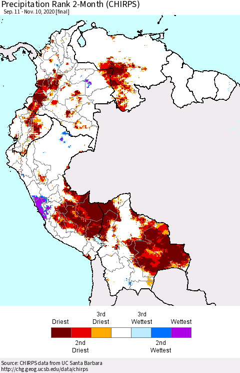 Northern South America Precipitation Rank 2-Month (CHIRPS) Thematic Map For 9/11/2020 - 11/10/2020