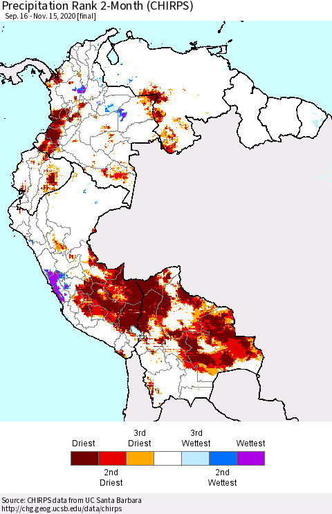 Northern South America Precipitation Rank 2-Month (CHIRPS) Thematic Map For 9/16/2020 - 11/15/2020