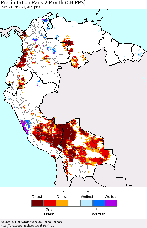 Northern South America Precipitation Rank 2-Month (CHIRPS) Thematic Map For 9/21/2020 - 11/20/2020